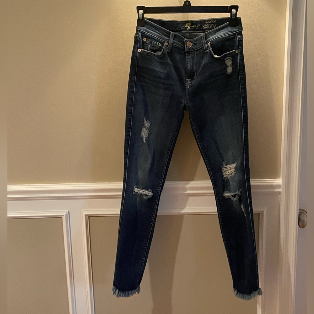7 For All Mankind Dark Blue Distressed Skinny Jeans
